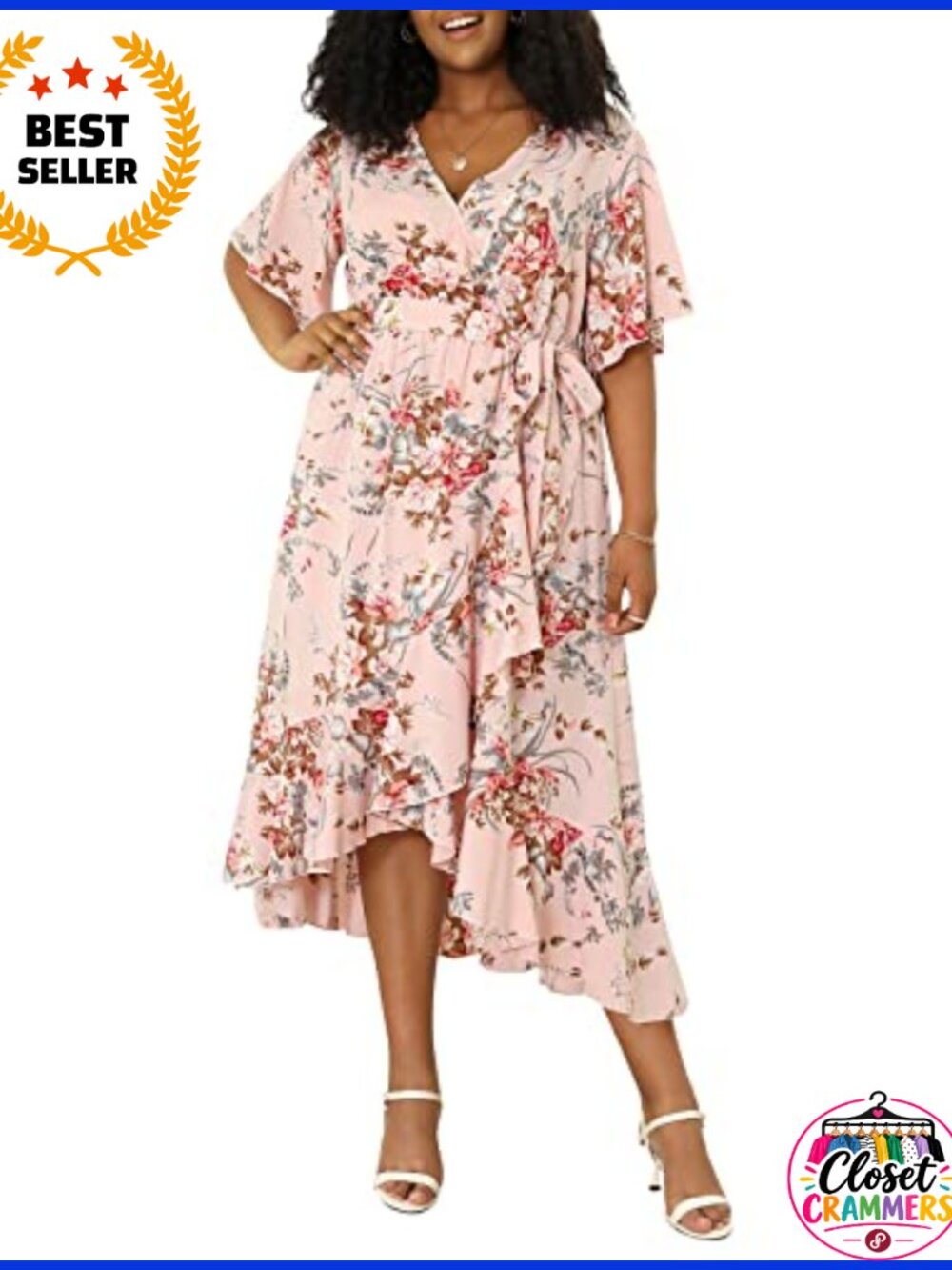 Plus Size V Neck 3/4 Sleeve Empire Waist A-Line Maxi Dress Floral